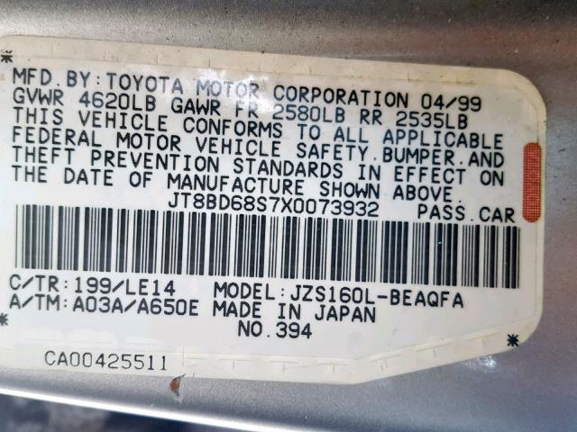 JT8BD68S7X0073932 - 1999 LEXUS GS 300 SILVER photo 10