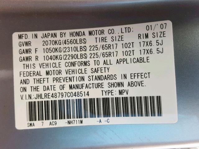 JHLRE48797C048514 - 2007 HONDA CR-V EXL SILVER photo 10