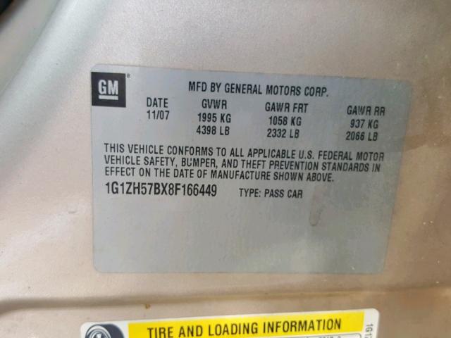 1G1ZH57BX8F166449 - 2008 CHEVROLET MALIBU 1LT ოქროსფერი ფოტო 10