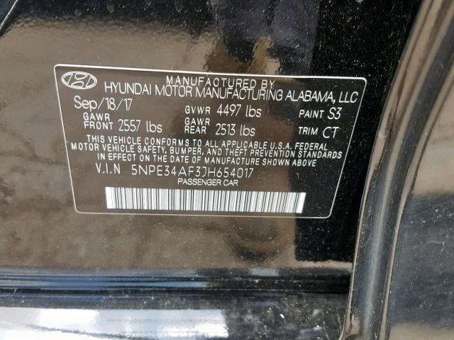 5NPE34AF3JH654017 - 2018 HYUNDAI SONATA SPO BLACK photo 10