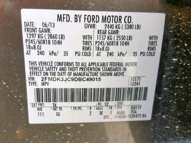 2FMDK3JC9DBC49015 - 2013 FORD EDGE SEL GRAY photo 10