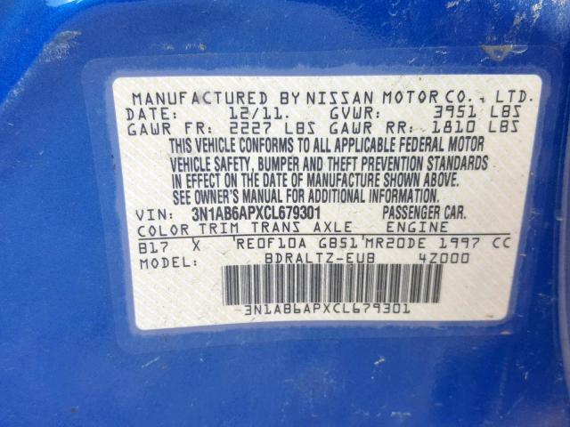 3N1AB6APXCL679301 - 2012 NISSAN SENTRA 2.0 BLUE photo 10