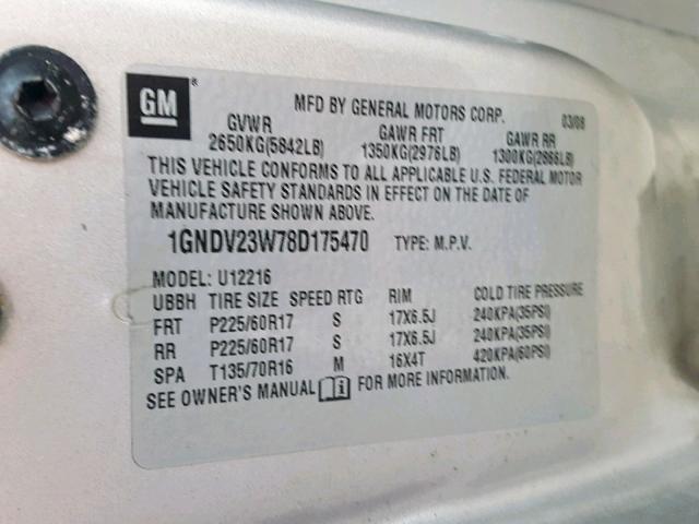 1GNDV23W78D175470 - 2008 CHEVROLET UPLANDER L 银色 照片 10