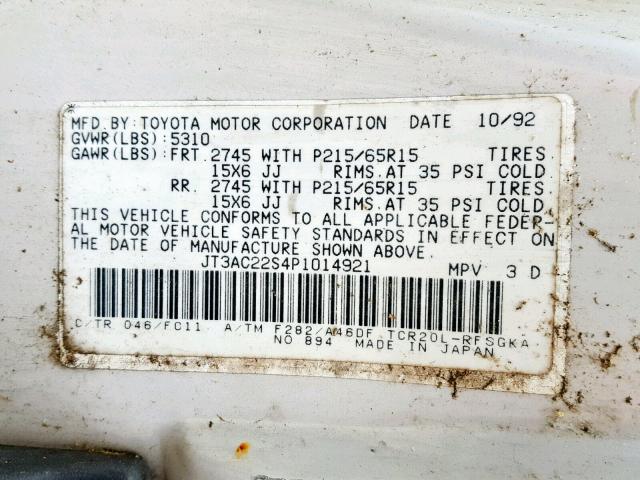 JT3AC22S4P1014921 - 1993 TOYOTA PREVIA LE BLACK photo 10