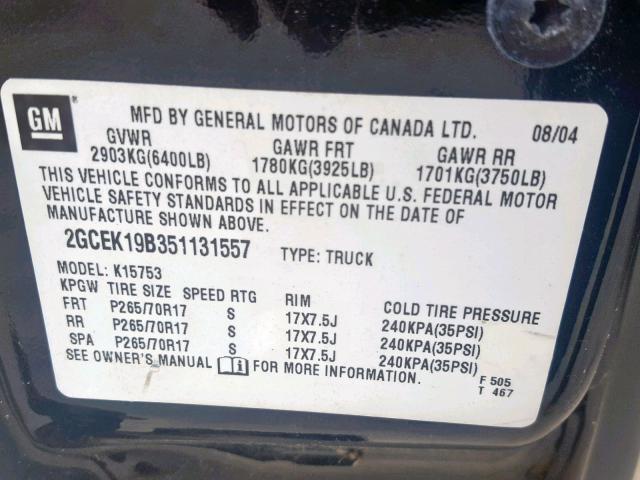 2GCEK19B351131557 - 2005 CHEVROLET SILVERADO BLACK photo 10