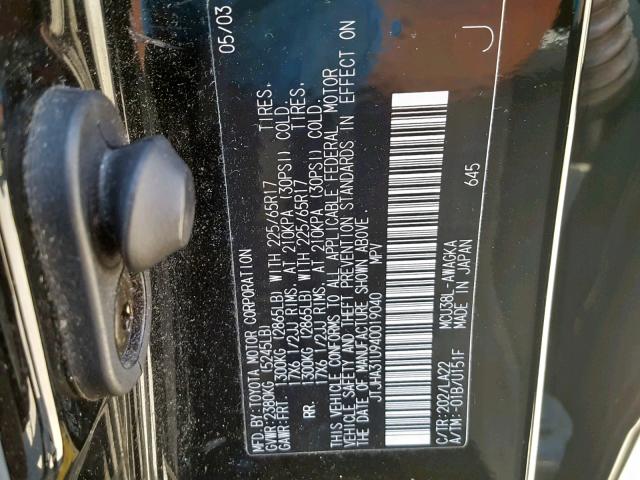 JTJHA31U940019040 - 2004 LEXUS RX 330 BLACK photo 10