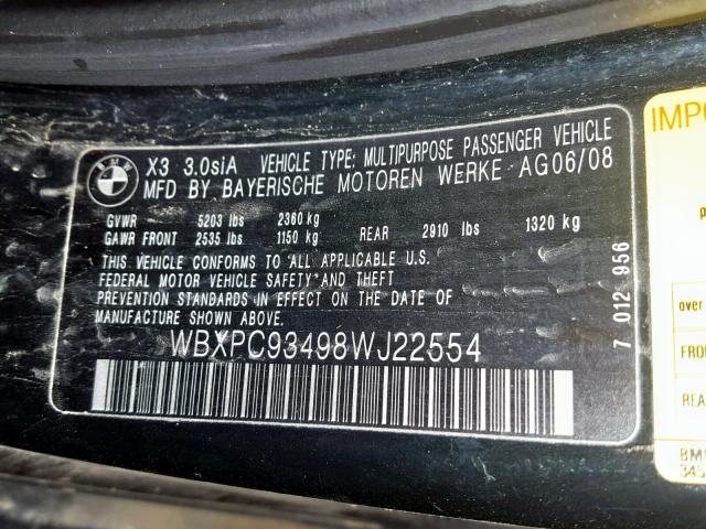 WBXPC93498WJ22554 - 2008 BMW X3 3.0SI BLACK photo 10