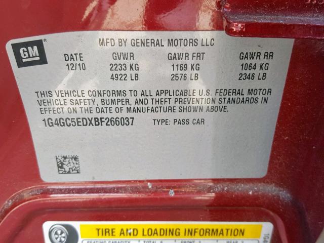 1G4GC5EDXBF266037 - 2011 BUICK LACROSSE C RED photo 10