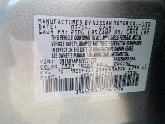 3N1AB7AP1EY221772 - 2014 NISSAN SENTRA S SILVER photo 10