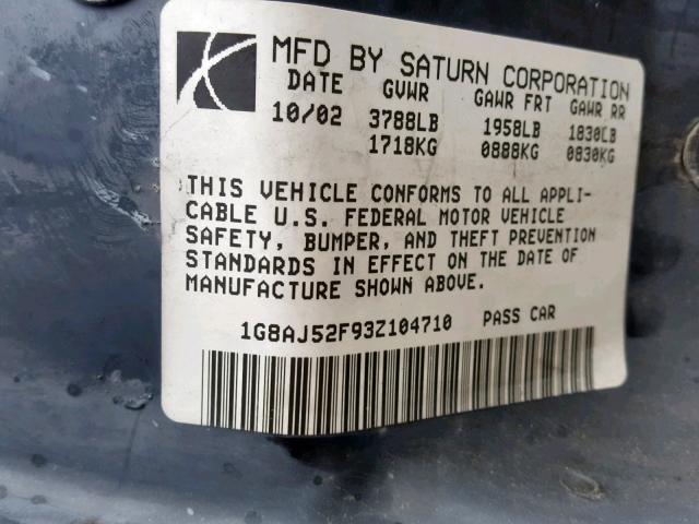 1G8AJ52F93Z104710 - 2003 SATURN ION LEVEL BLUE photo 10