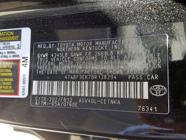 4T4BF3EK7BR138294 - 2011 TOYOTA CAMRY BASE BLACK photo 10