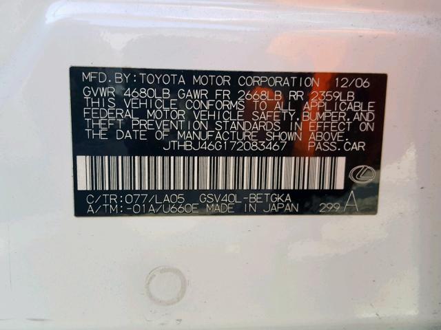 JTHBJ46G172083467 - 2007 LEXUS ES WHITE photo 10