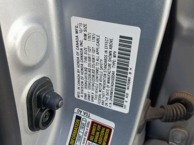 2HKRM3H74GH500044 - 2016 HONDA CR-V EXL SILVER photo 10