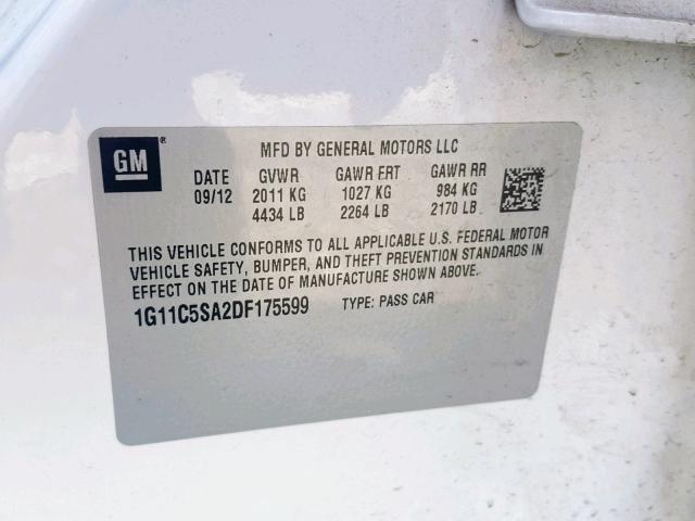 1G11C5SA2DF175599 - 2013 CHEVROLET MALIBU 1LT WHITE photo 10