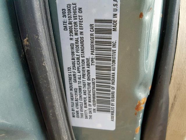 4S3BH806037644873 - 2003 SUBARU LEGACY OUT GREEN photo 10