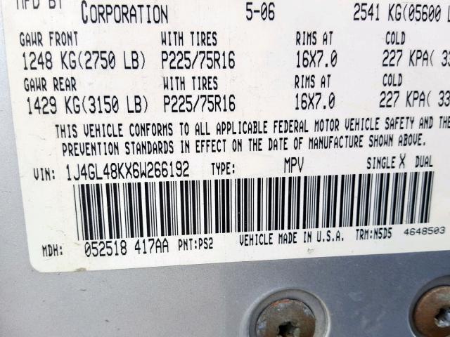 1J4GL48KX6W266192 - 2006 JEEP LIBERTY SP SILVER photo 10