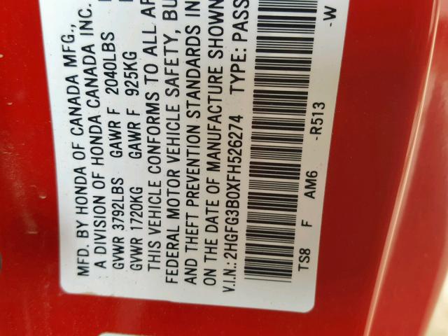 2HGFG3B0XFH526274 - 2015 HONDA CIVIC EXL RED photo 10