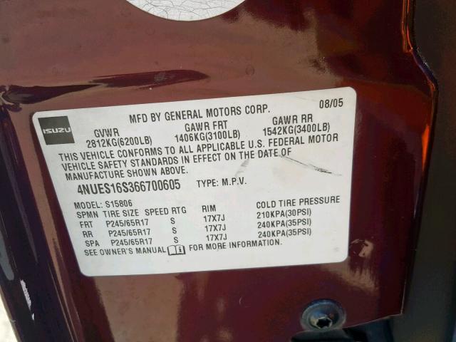 4NUES16S366700605 - 2006 ISUZU ASCENDER S 勃艮第红 照片 10