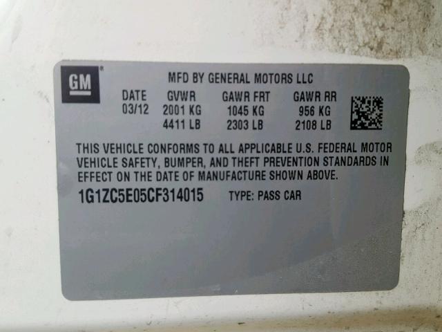 1G1ZC5E05CF314015 - 2012 CHEVROLET MALIBU 1LT WHITE photo 10