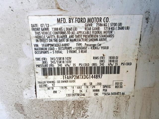 1FAHP2MTXDG144897 - 2013 FORD TAURUS POL WHITE photo 10