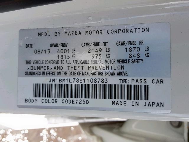 JM1BM1L78E1108783 - 2014 MAZDA 3 TOURING WHITE photo 10