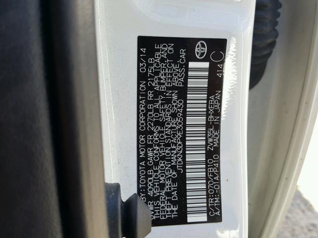 JTDKN3DP9E3059430 - 2014 TOYOTA PRIUS PLUG WHITE photo 10