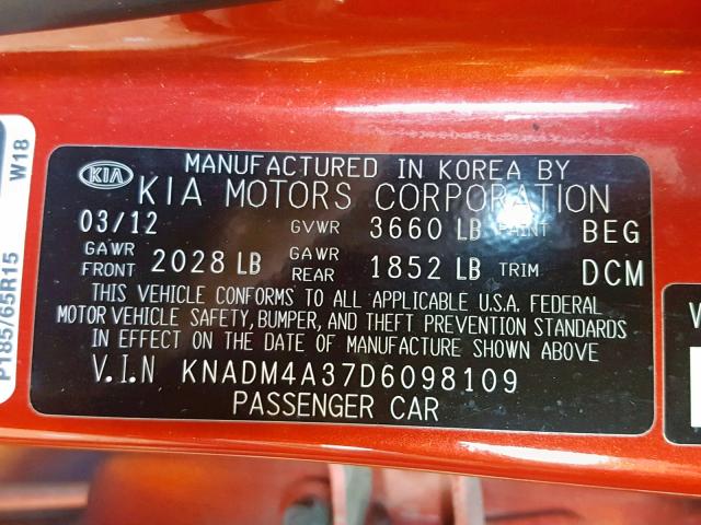 KNADM4A37D6098109 - 2013 KIA RIO LX RED photo 10