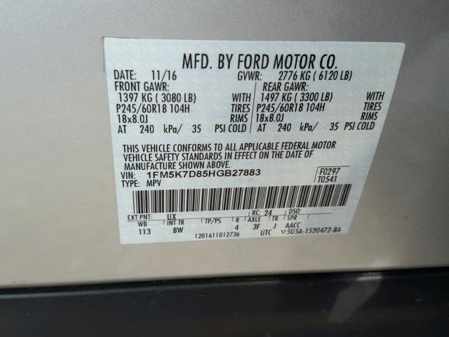 1FM5K7D85HGB27883 - 2017 FORD EXPLORER X SILVER photo 10