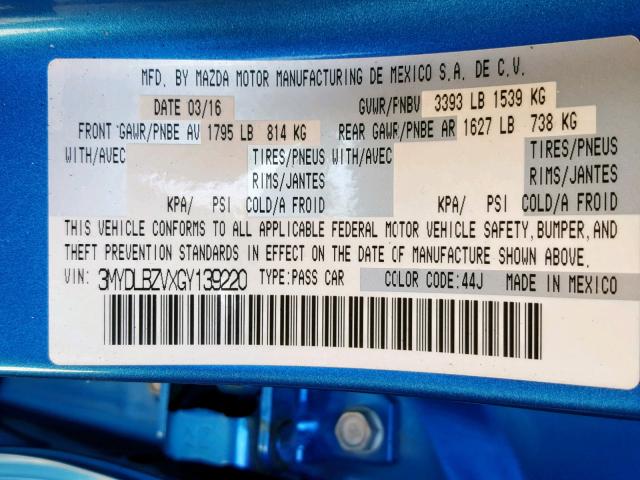 3MYDLBZVXGY139220 - 2016 TOYOTA SCION IA BLUE photo 10