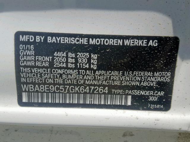 WBA8E9C57GK647264 - 2016 BMW 328 I SULE WHITE photo 10