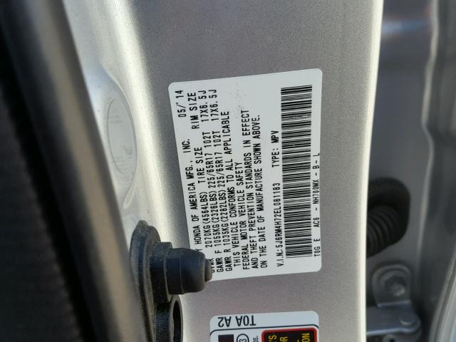 5J6RM4H72EL081183 - 2014 HONDA CR-V EXL SILVER photo 10