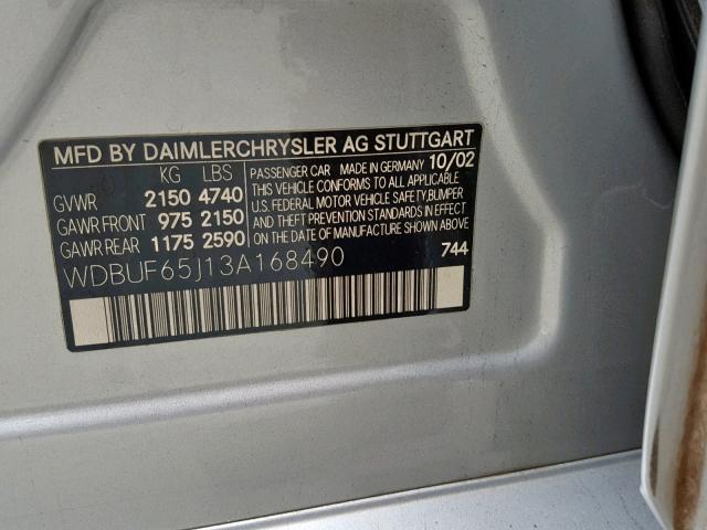 WDBUF65J13A168490 - 2003 MERCEDES-BENZ E 320 SILVER photo 10