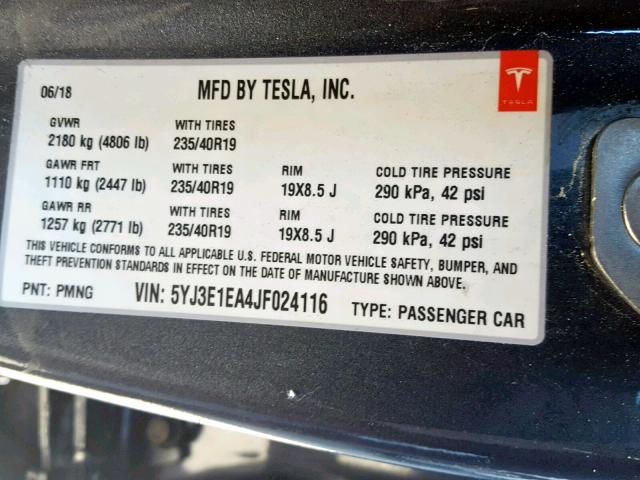 5YJ3E1EA4JF024116 - 2018 TESLA MODEL 3 Серый фото 10