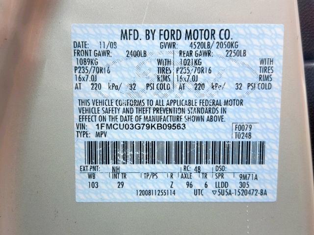 1FMCU03G79KB09563 - 2009 FORD ESCAPE XLT CREAM photo 10