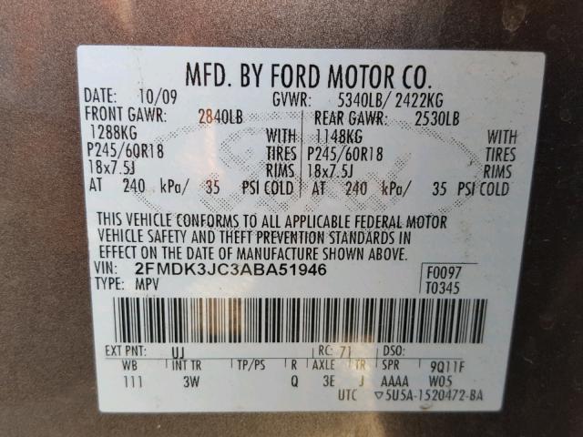 2FMDK3JC3ABA51946 - 2010 FORD EDGE SEL GRAY photo 10