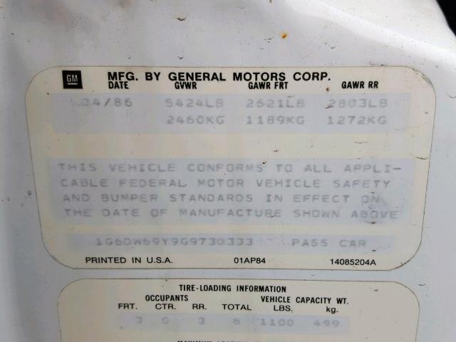 1G6DW69Y9G9730333 - 1986 CADILLAC FLEETWOOD WHITE photo 10