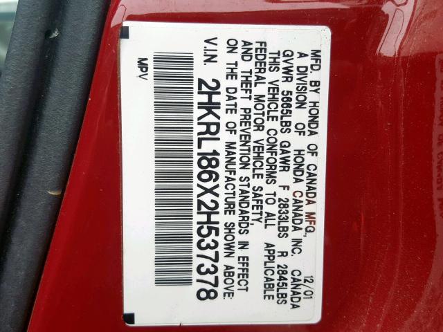 2HKRL186X2H537378 - 2002 HONDA ODYSSEY EX RED photo 10