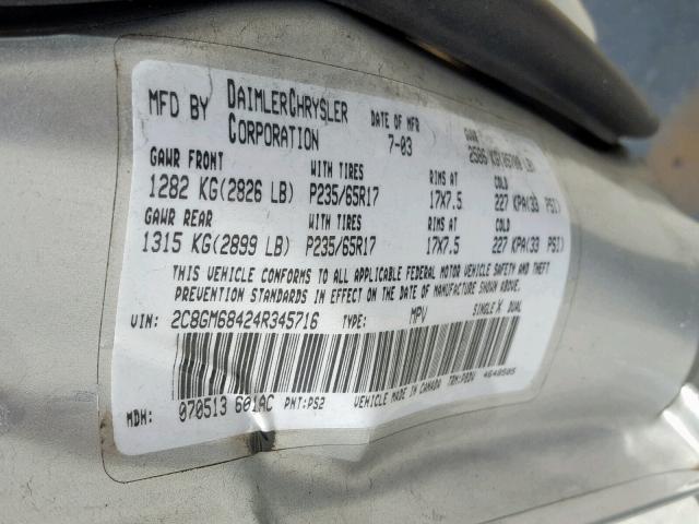 2C8GM68424R345716 - 2004 CHRYSLER PACIFICA SILVER photo 10