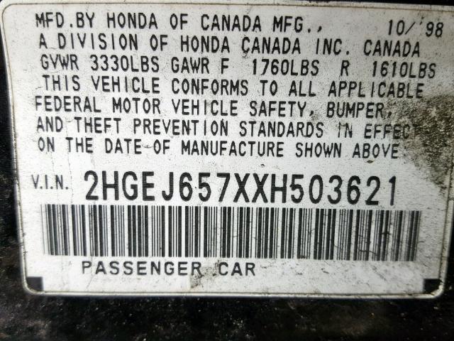 2HGEJ657XXH503621 - 1999 HONDA CIVIC LX BLACK photo 10