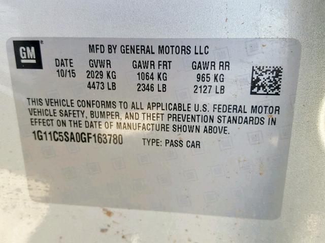 1G11C5SA0GF163780 - 2016 CHEVROLET MALIBU LIM SILVER photo 10