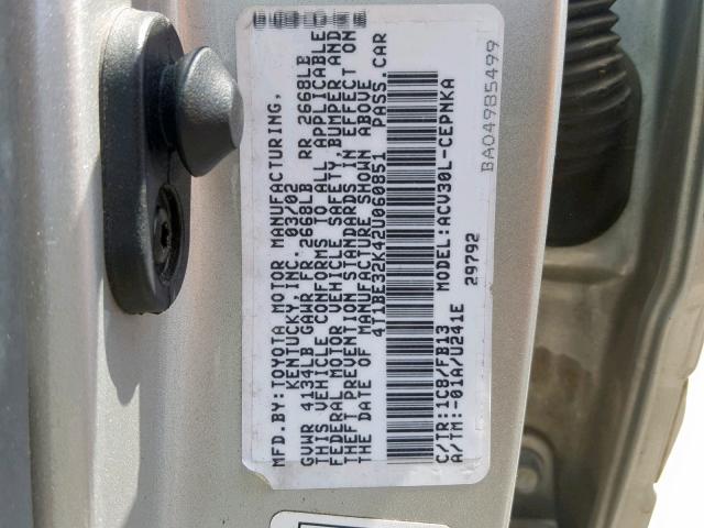 4T1BE32K42U060851 - 2002 TOYOTA CAMRY LE GRAY photo 10