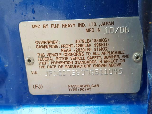 JF1GD75607G511045 - 2007 SUBARU IMPREZA WR BLUE photo 10