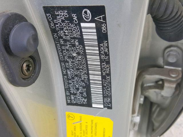 JTHBF30G636017939 - 2003 LEXUS ES 300 SILVER photo 10