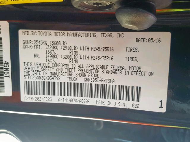 5TFCZ5AN3GX034798 - 2016 TOYOTA TACOMA DOU BLACK photo 10