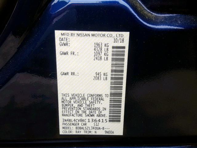 1N4BL4CV8KC136415 - 2019 NISSAN ALTIMA SR BLUE photo 10