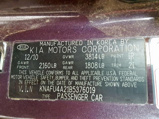 KNAFU4A21B5376019 - 2011 KIA FORTE EX BLACK photo 10