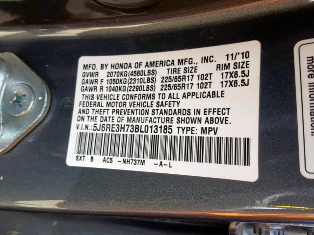 5J6RE3H73BL013185 - 2011 HONDA CR-V EXL CHARCOAL photo 10