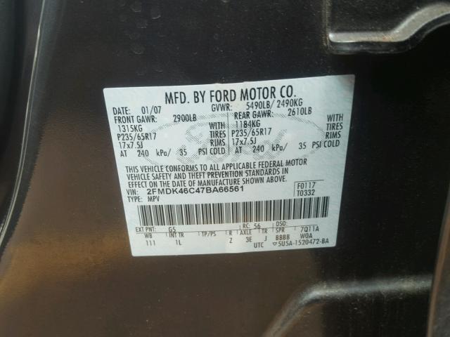 2FMDK46C47BA66561 - 2007 FORD EDGE SE GRAY photo 10