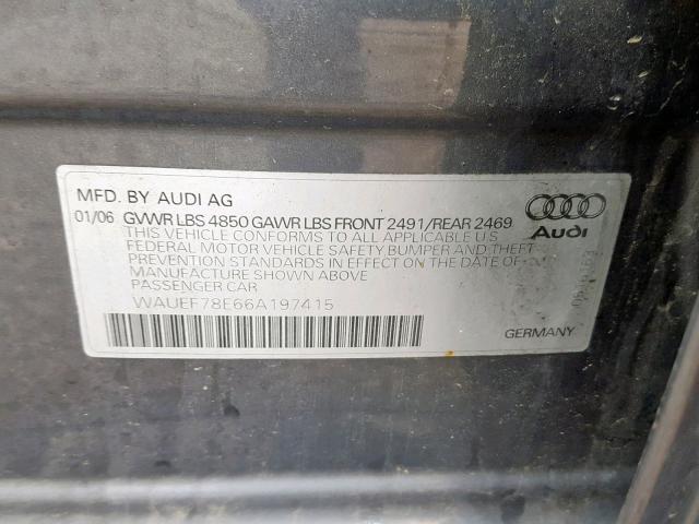 WAUEF78E66A197415 - 2006 AUDI A4 S-LINE GRAY photo 10