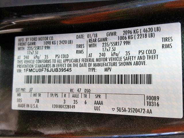 1FMCU0F76JUB39545 - 2018 FORD ESCAPE S GRAY photo 10